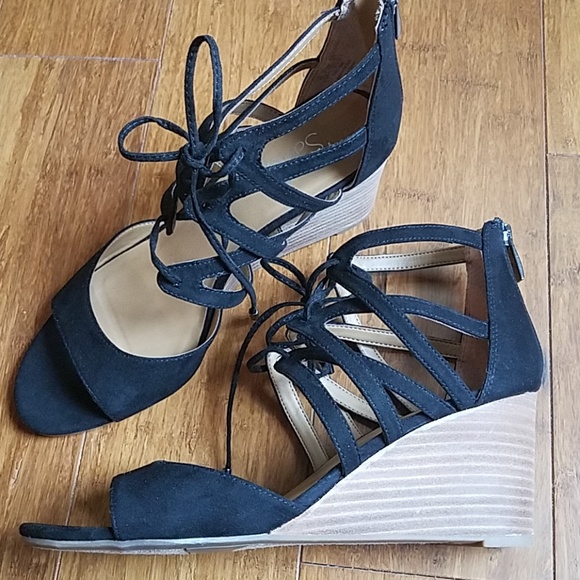 Mollie Women Open Toe Canvas Black Wedge Sandal  - Picture 3 of 8